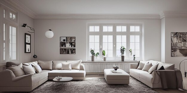 Stylish scandinavian living room with design mint sofa furnitures mock up poster map plants and eleg
