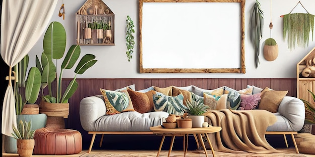 デザイン ミント ソファ家具モックアップ ポスター マップ植物と eleg とスタイリッシュなスカンジナビアのリビング ルーム