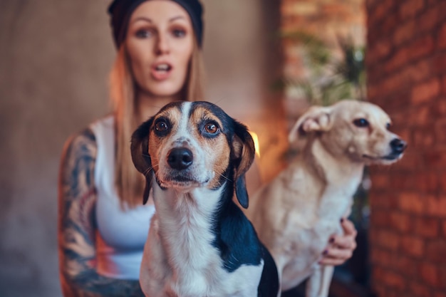 A stylish tattoed blonde female in t-shirt and jeans embraces two cute dogs.