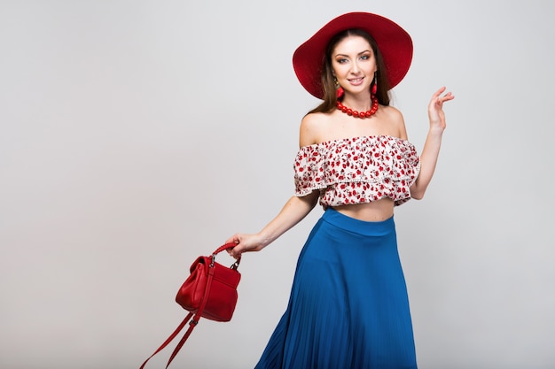 Stylish woman in summer outfit isolated posing in fashion trend isolated