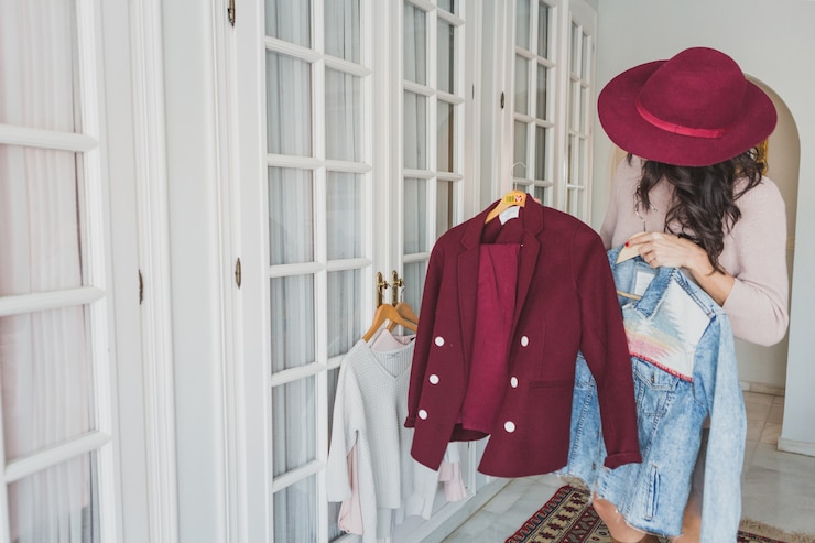 Free Photo stylish young woman looking at a burgundy suit