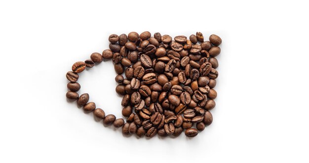 Stylized cup of coffee out of coffee beans flat lay