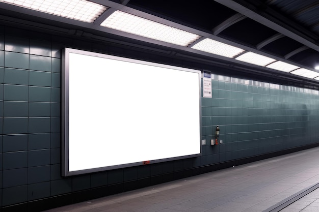 Subway billboard poster blank image with metal frame and tiled wall