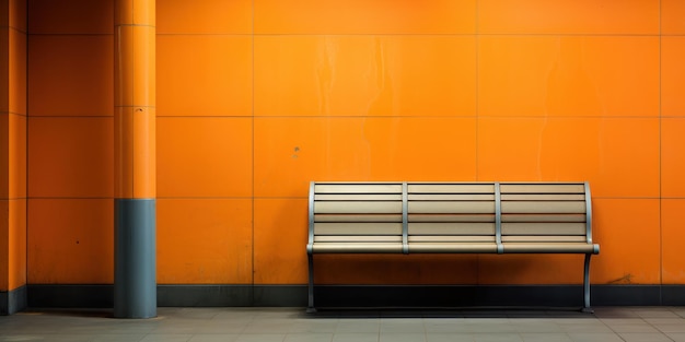 Foto gratuita stazione della metropolitana con una parete arancione brillante e una fila di panchine metalliche