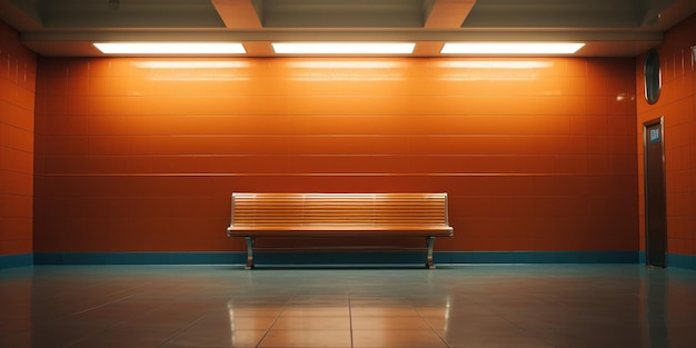 Foto gratuita stazione della metropolitana con una parete arancione brillante e una fila di panchine metalliche