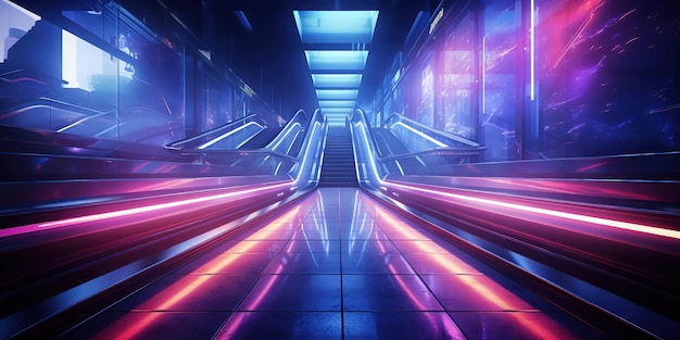 Foto gratuita stazione della metropolitana con luci in rapido movimento e scale mobili luccicanti