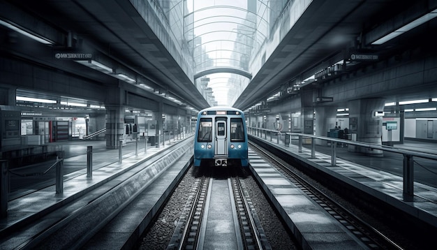 人工知能によって生み出された現代的な建築と技術を反映した都市を通る地下鉄列車の速度