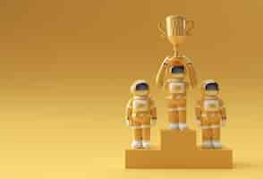 Free photo successful astronaut got the first prize trophy 3d rendering.