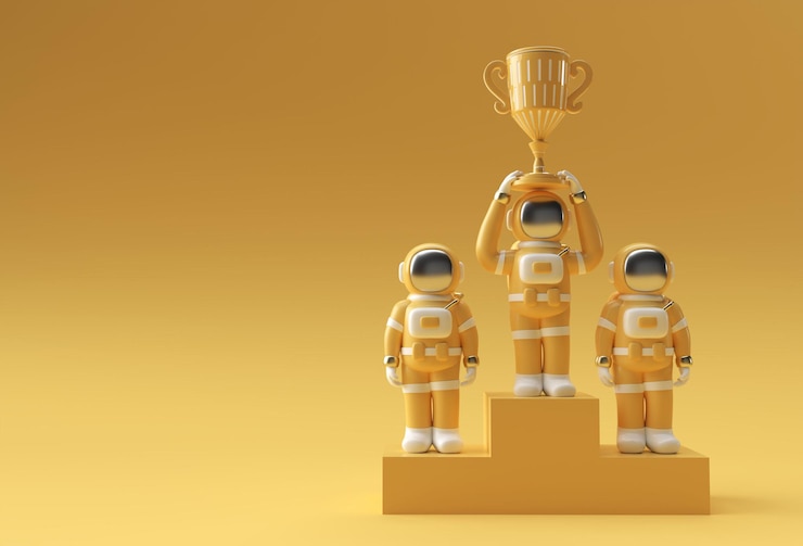 Free Photo successful astronaut got the first prize trophy 3d rendering.