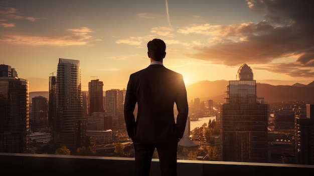 Free photo a successful businessman a poised and confident businessman stands against a cityscape
