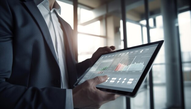 successful businessman showing growth chart on digital tablet generated by ai