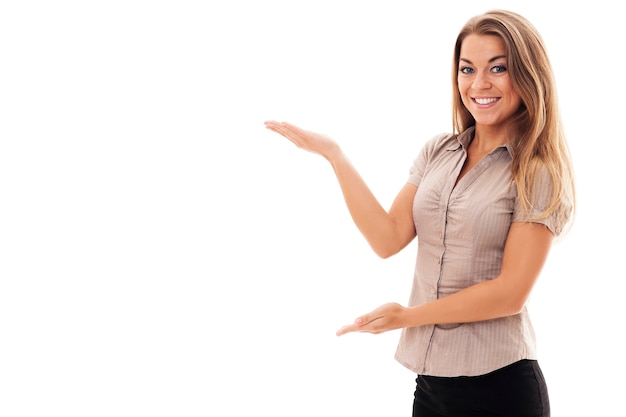 Free photo successful businesswoman gesturing on white