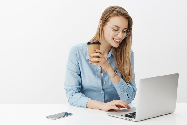 Successful female entrepreneur in blue collar shirt