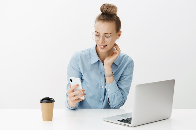 Successful female entrepreneur in blue collar shirt