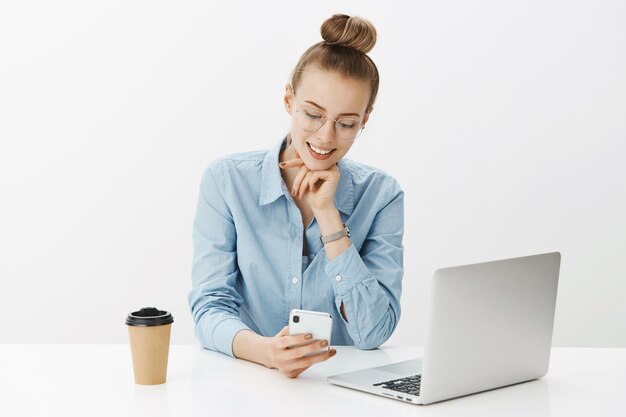 Successful female entrepreneur in blue collar shirt