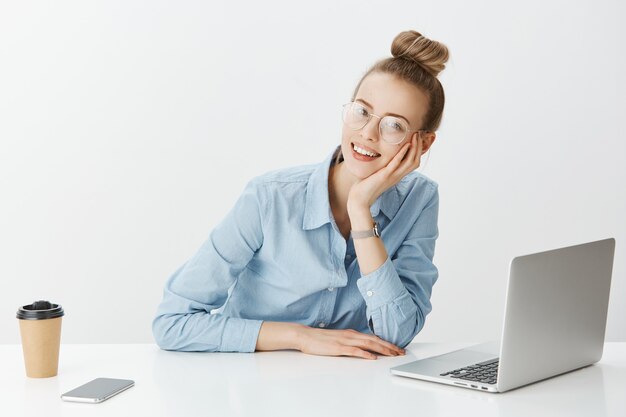 Successful female entrepreneur in blue collar shirt