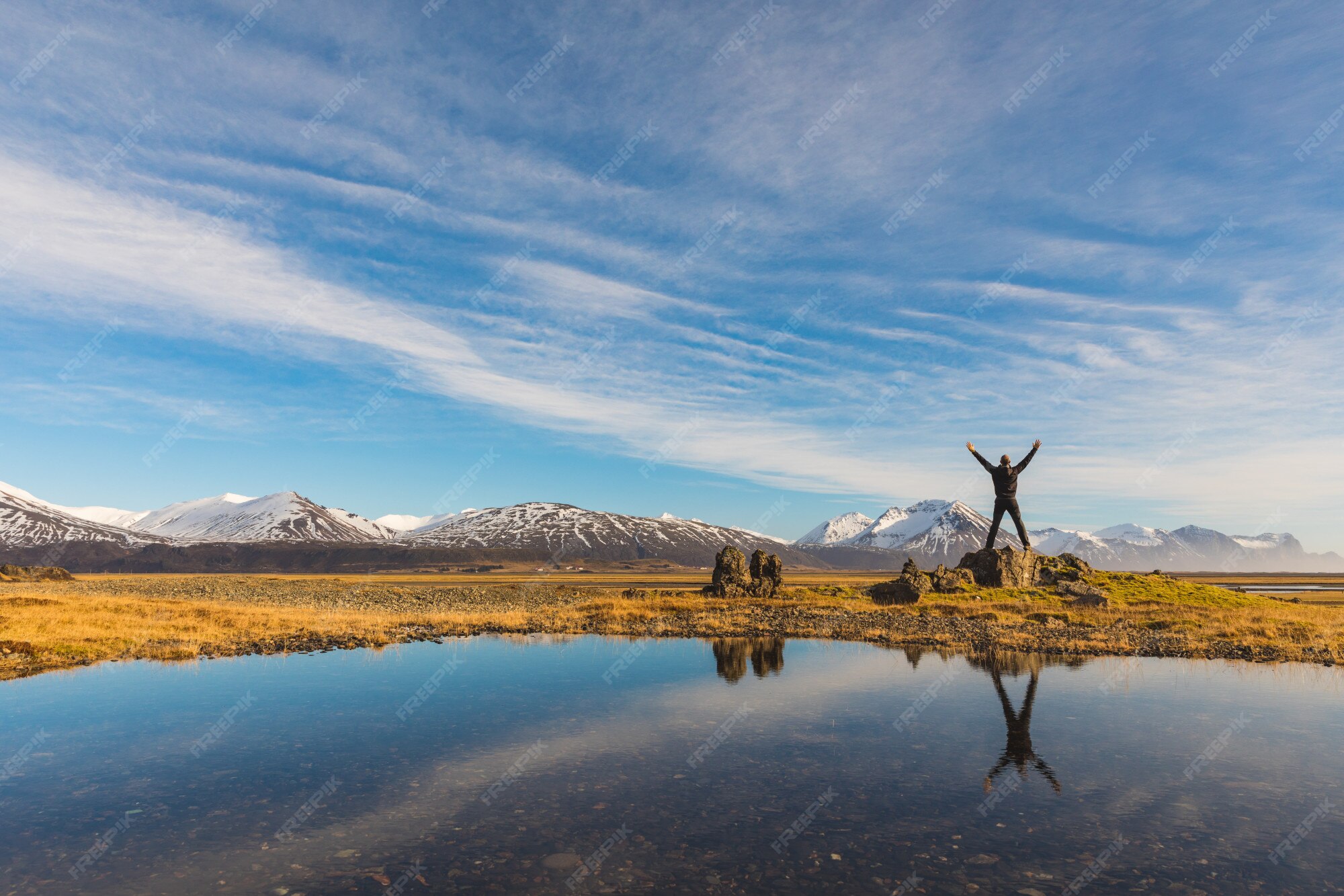 Premium Photo Successful Man In Iceland With His Reflection On The Water