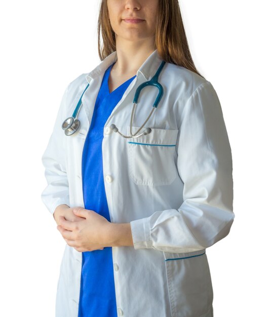 Successful young female doctor in a medical uniform with hands put on each other