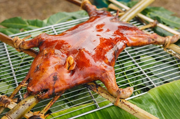 Premium Photo | Suckling pigs on banana leaves, food of camping outdoor