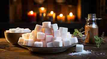 Free photo sugar cubes in a bowl on a wooden surface