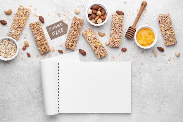 Sugar free snack bars arrangement flat lay