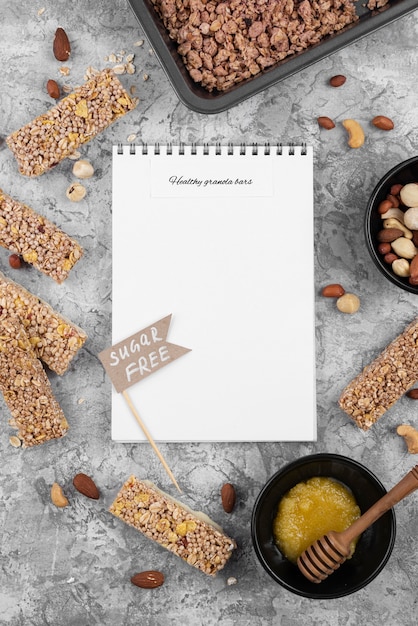 Free photo sugar free snack bars and notebook