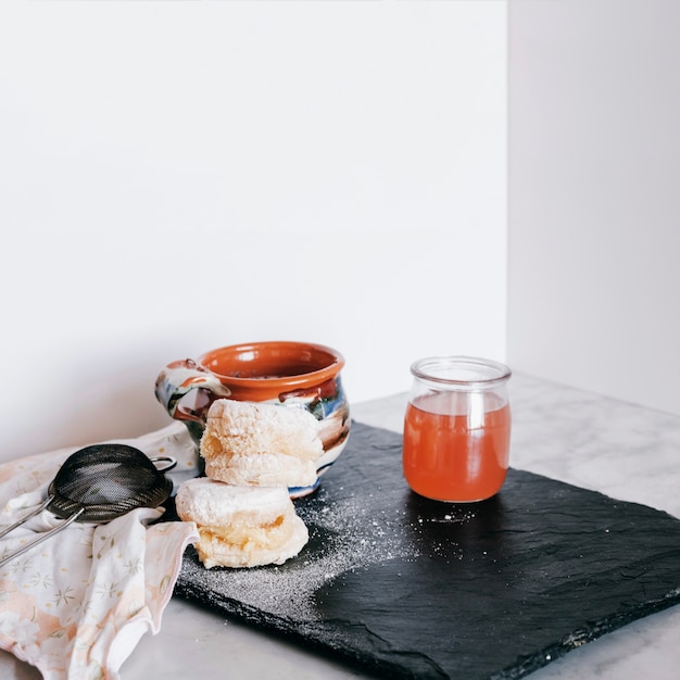 Sugar powdered pastry and honey