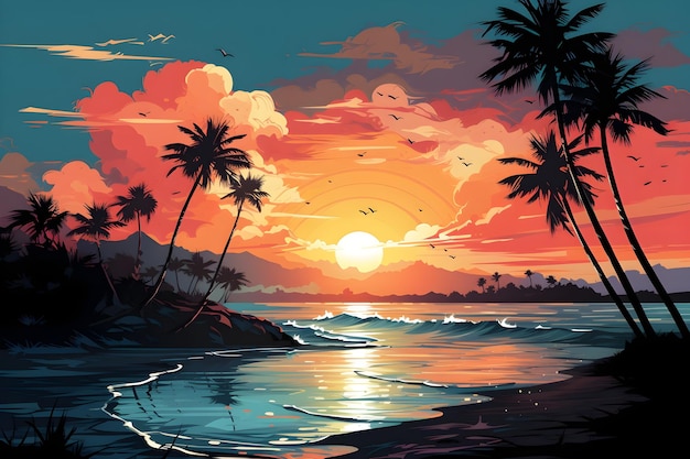 summer cartoon beach sunset background