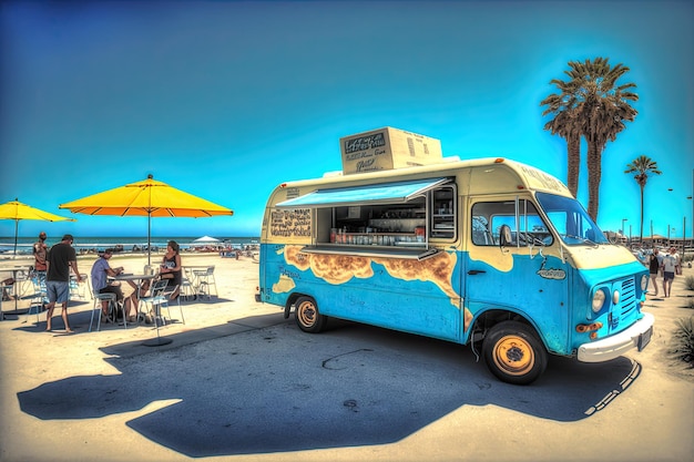 Summer food truck in the beach Ai generative