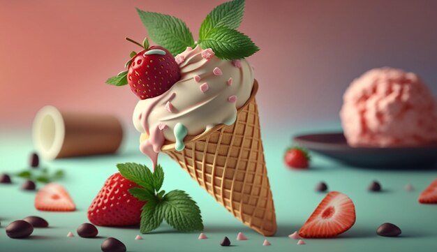여름 미식가 디저트 신선한 딸기 아이스크림 아이스크림 생성 AI