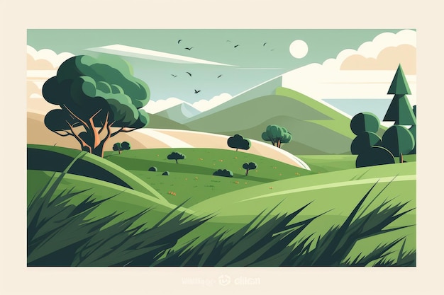 漫画スタイルのデザインの緑の芝生の丘のある夏の牧草地の風景 ジェネレーティブ AI
