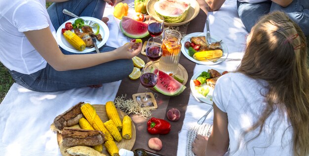 食べ物や飲み物と自然の中で友達と夏のピクニック。