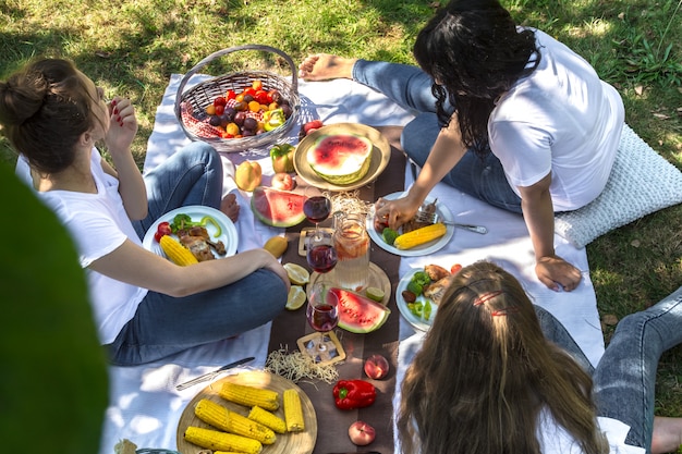 食べ物や飲み物と自然の中で友達と夏のピクニック。