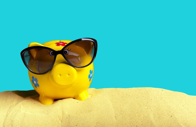 해변에서 선글라스와 함께 여름 돼지 저금통