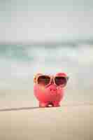 Free photo summer piggy bank with sunglasses on sand