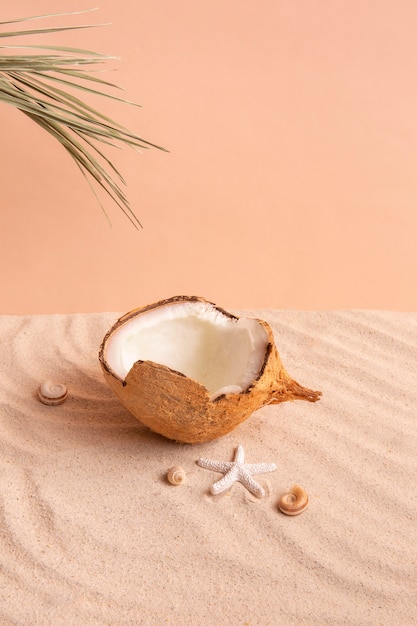 Summertime vibes with sand and coconut