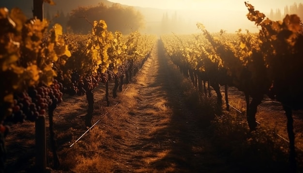 AI によって生成されたワイン製造用の太陽がぶどう園の熟したブドウにキスをした