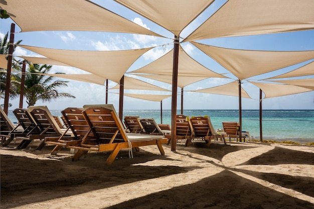 Sun loungers put next to each other under umbrellas on the beach