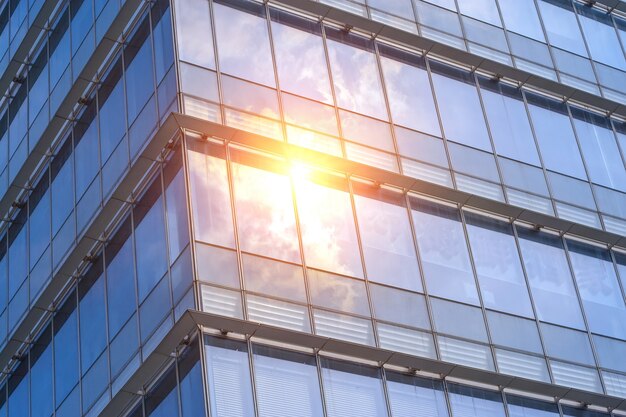 Sun reflected in windows of an office building