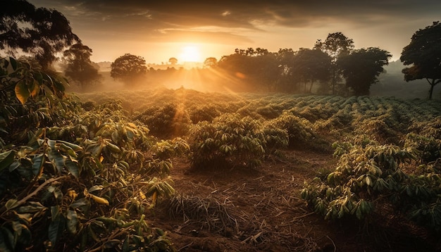 Il sole tramonta sulla tranquilla fattoria che raccoglie frutti maturi generati dall'intelligenza artificiale