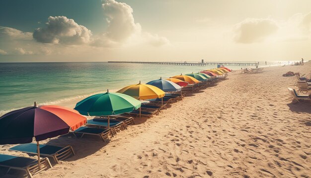 Sunbathing on tranquil Caribbean coastline multi colored umbrella generated by AI