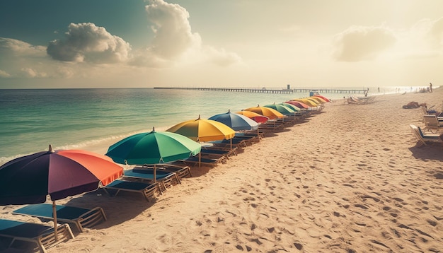 AI が生成した静かなカリブ海の海岸線の色とりどりの傘で日光浴