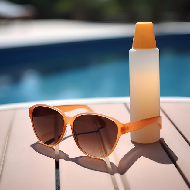 Foto gratuita bottiglia di crema solare con occhiali da sole sullo sfondo della piscina concetto di protezione solare