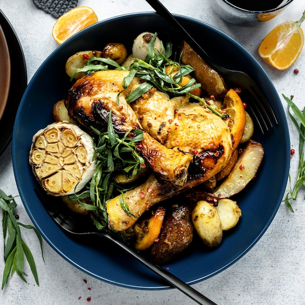 Sunday roast chicken with potatoes holiday meal