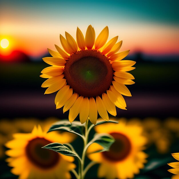 A sunflower is in a field with the sun behind it.