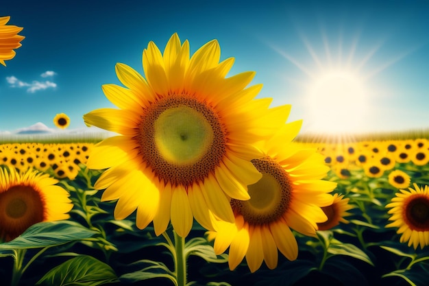 A sunflower is in a field with the sun shining on it.