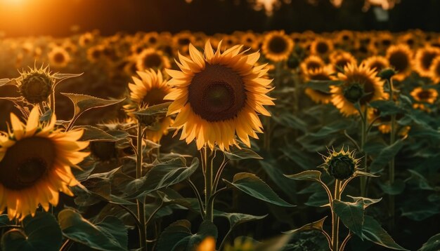 AIが生成した鮮やかな夏の太陽光でヒマワリが育つ