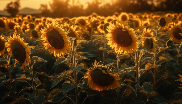 Girasoli in un campo con il sole che tramonta