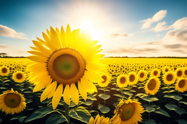 Sunflowers in a field with the sun behind them