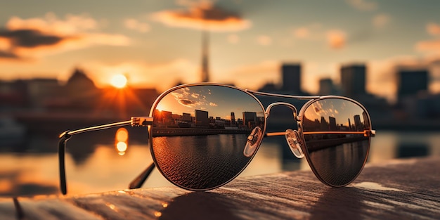 Free photo sunglasses reflecting a cityscape during sunset